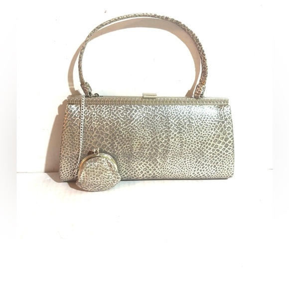 Vintage Handbags - Vintage snake, leather, print silver handle bag